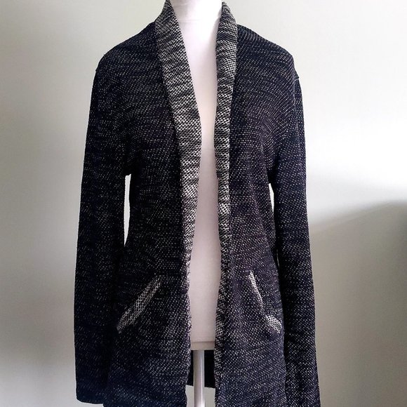 Black Heathered Open Cardigan Shawl Collar Pockets Comfy Cozy Casual Cottagecore - Picture 1 of 8